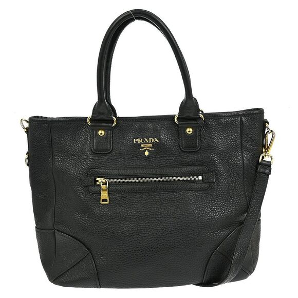 Prada Handbags - Prada Front Zip Tote Vitello Daino Black Leather Handbag
